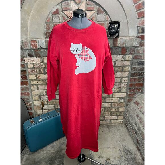 sweatshirt dress nightgown fuzzy cat plaid bow red white - Picture 1 of 9